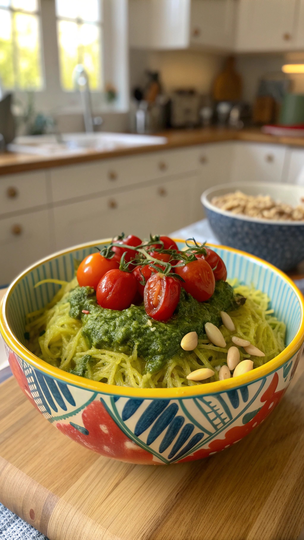 A colorful bowl of spaghetti squash topped with pesto and cherry tomatoes, set in a cozy kitchen environment.