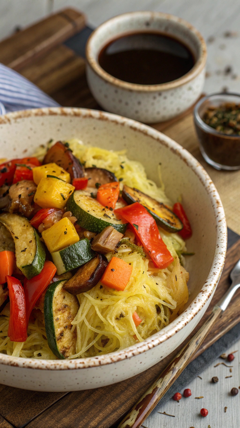 A bowl of spaghetti squash topped with colorful roasted vegetables.