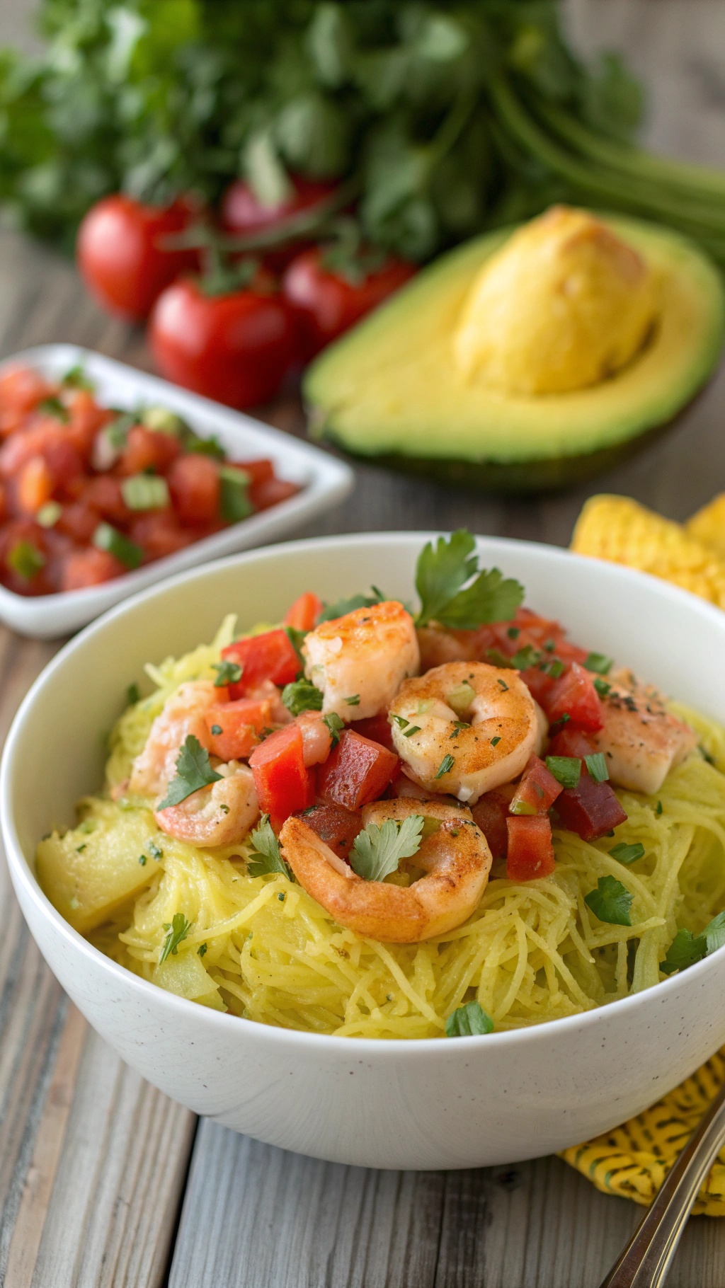 A bowl of spaghetti squash topped with shrimp and avocado salsa, garnished with fresh cilantro and tomatoes.