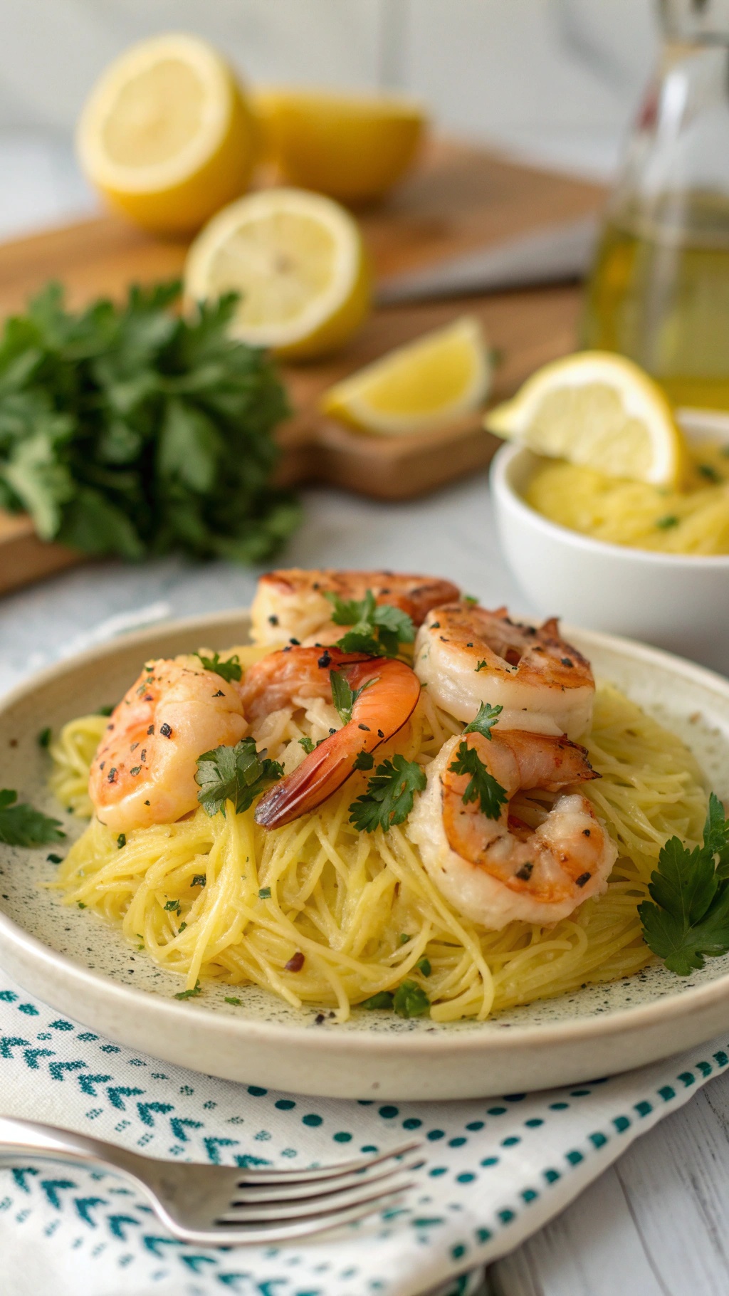 A plate of spaghetti squash topped with shrimp and garlic butter, garnished with parsley and lemon slices.