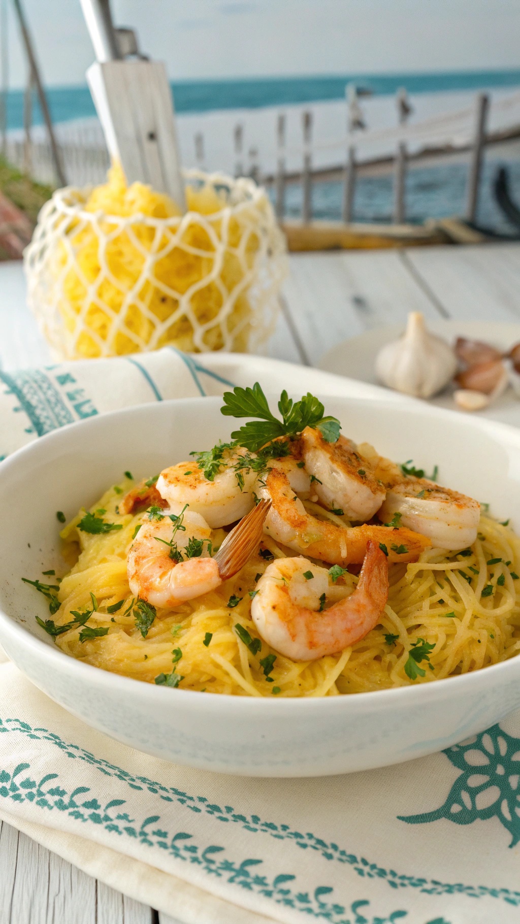 A bowl of spaghetti squash topped with shrimp and garlic, garnished with parsley.