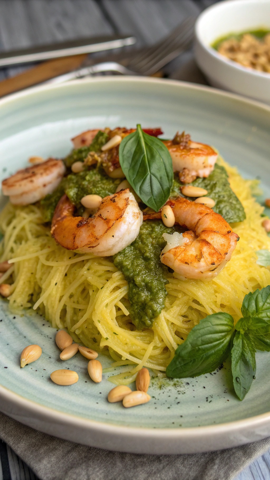 A plate of spaghetti squash topped with shrimp, pesto, and pine nuts, garnished with fresh basil.