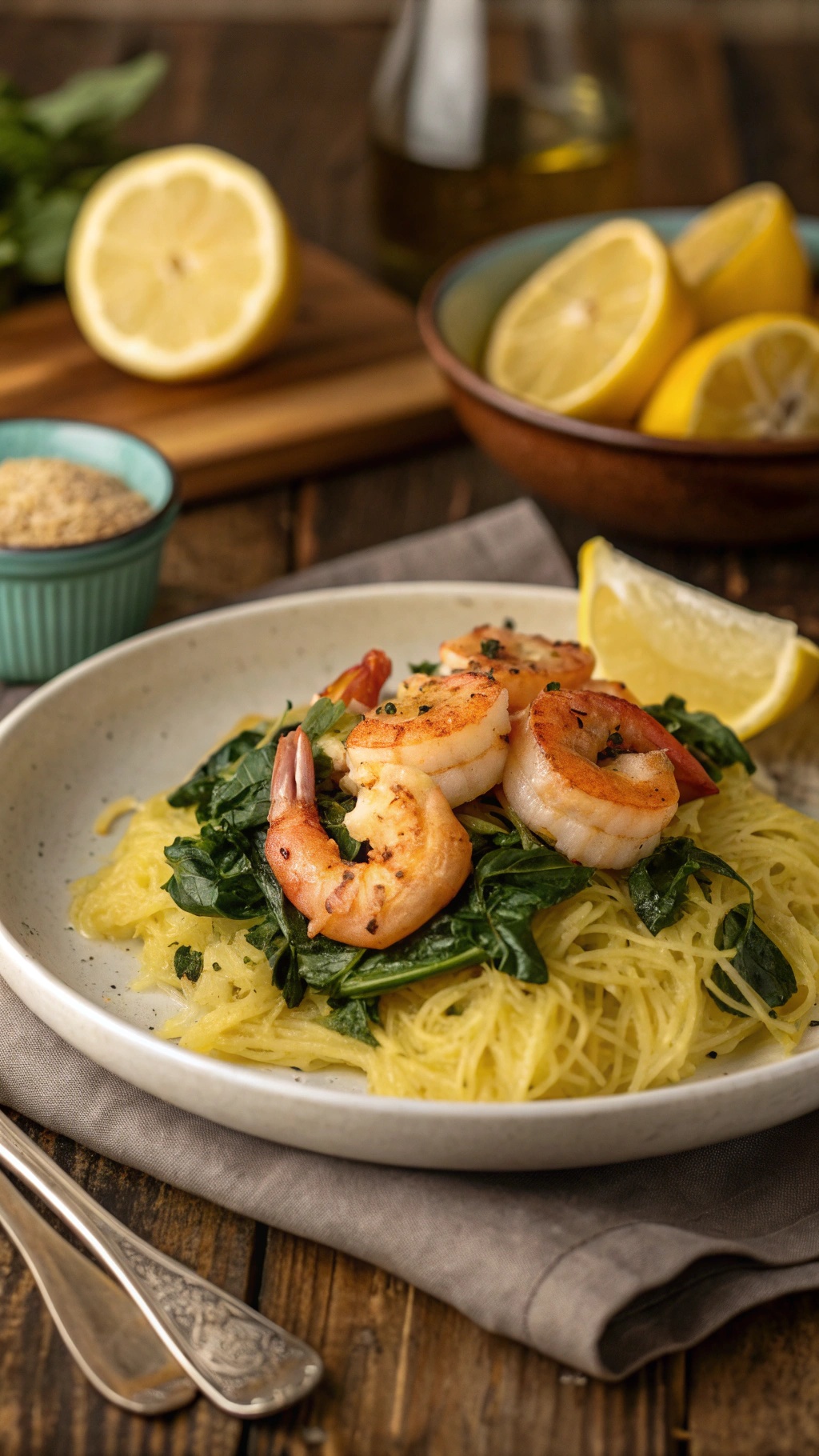 A plate of spaghetti squash topped with shrimp and spinach, garnished with lemon.