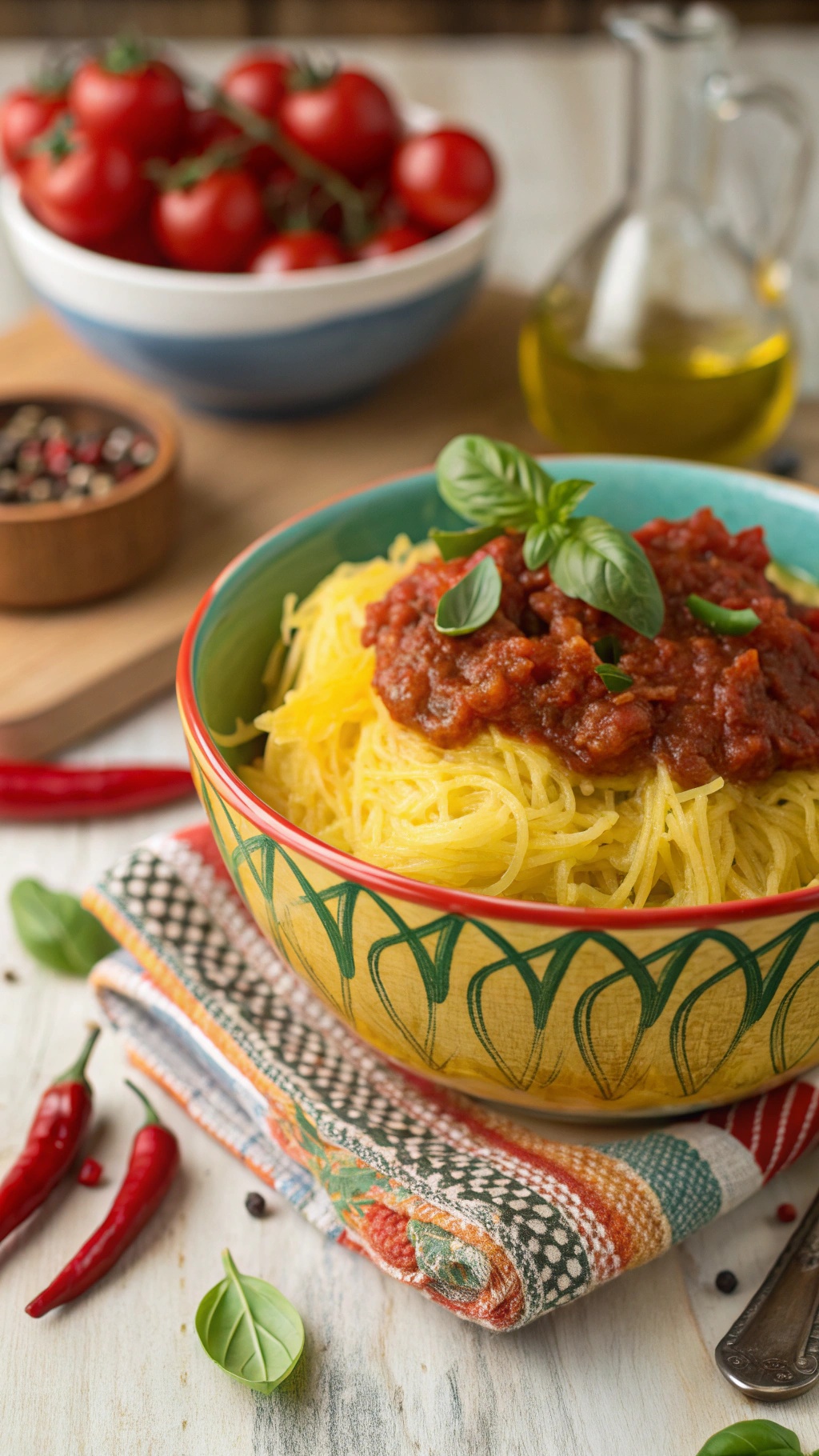 A bowl of spaghetti squash topped with spicy tomato sauce, fresh basil, and red chili peppers.