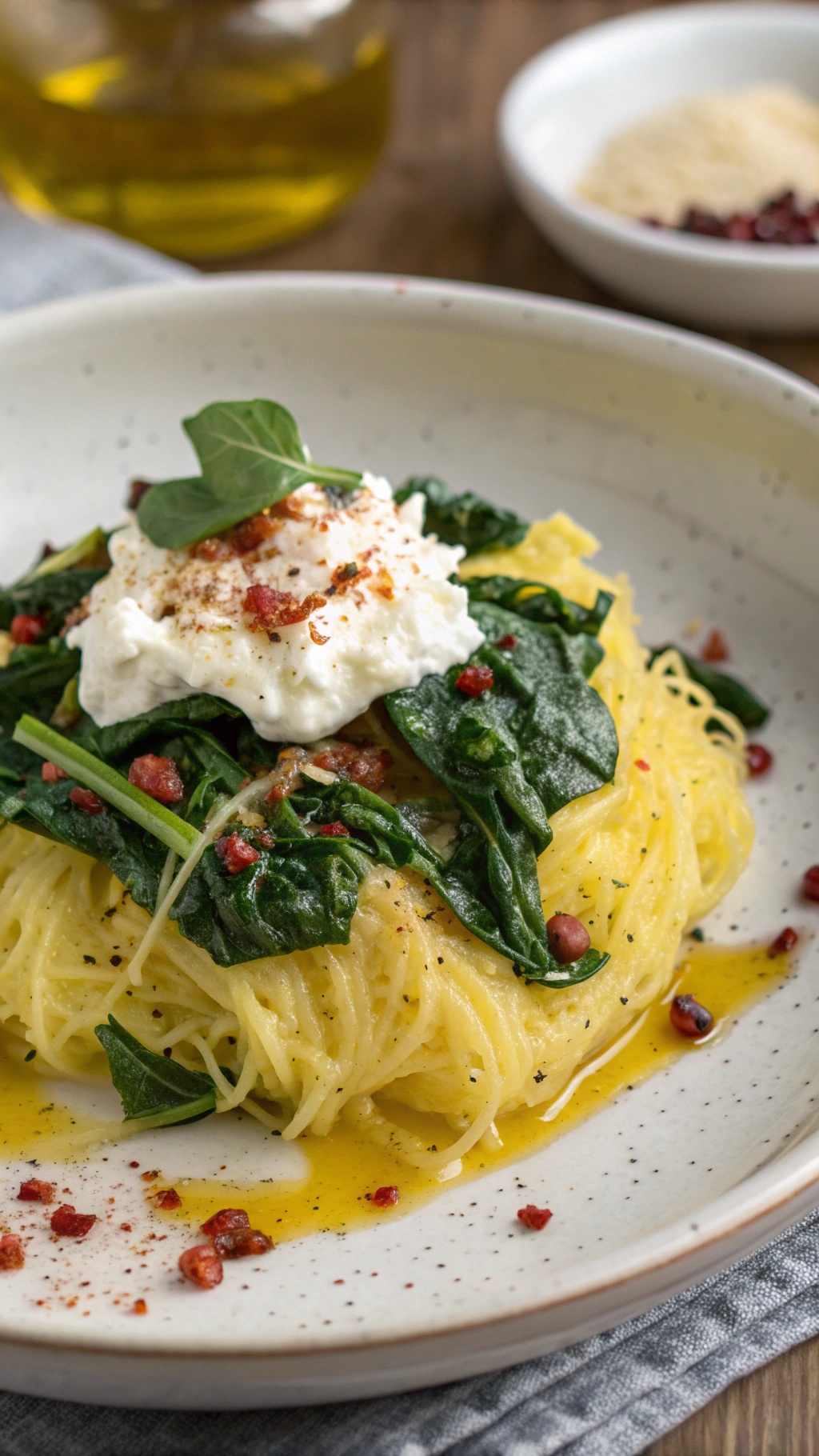 A plate of spaghetti squash topped with sautéed spinach and creamy ricotta cheese, garnished with red pepper flakes.