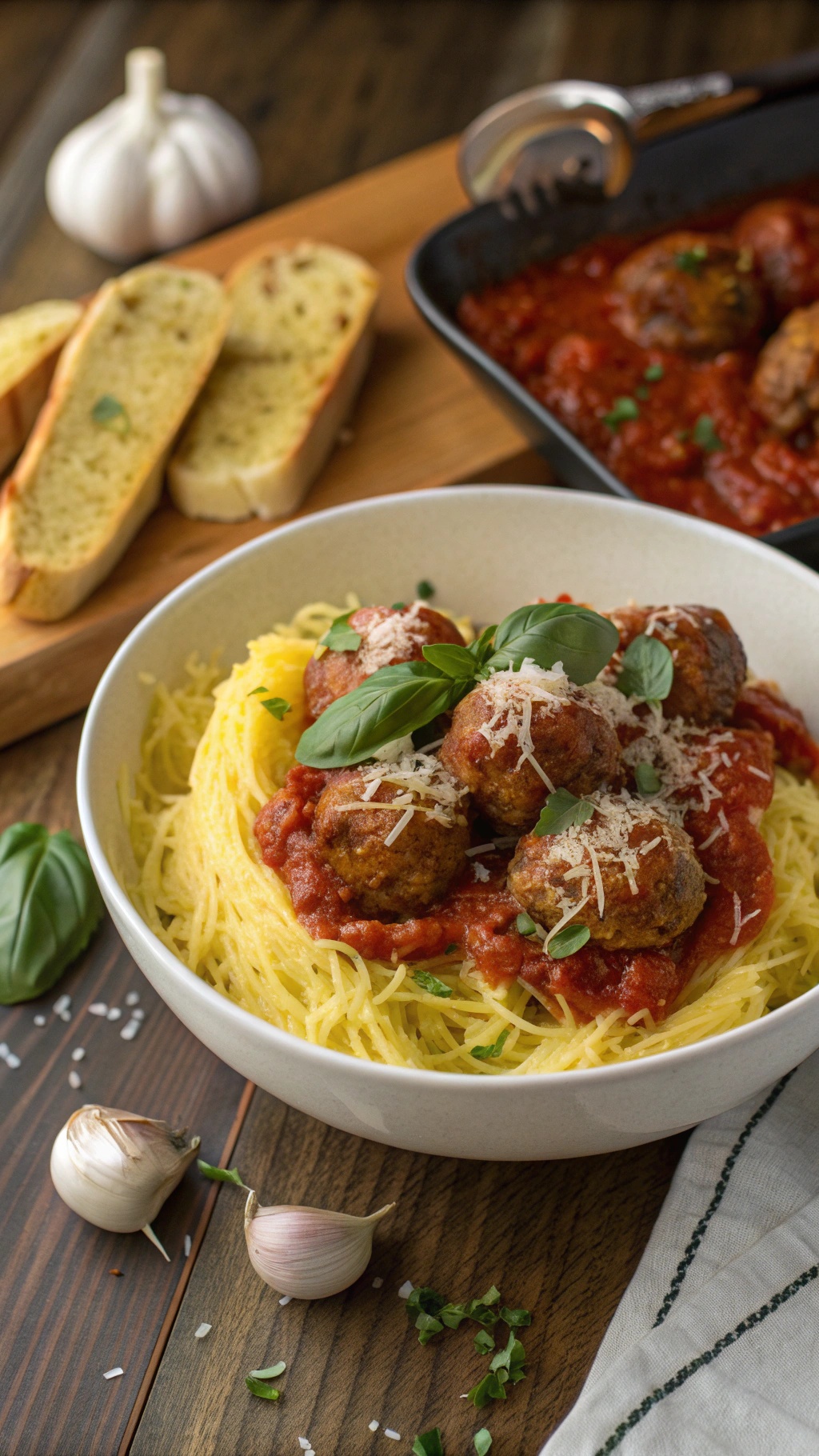 A bowl of spaghetti squash topped with turkey meatballs and marinara sauce, garnished with basil leaves, alongside garlic bread.