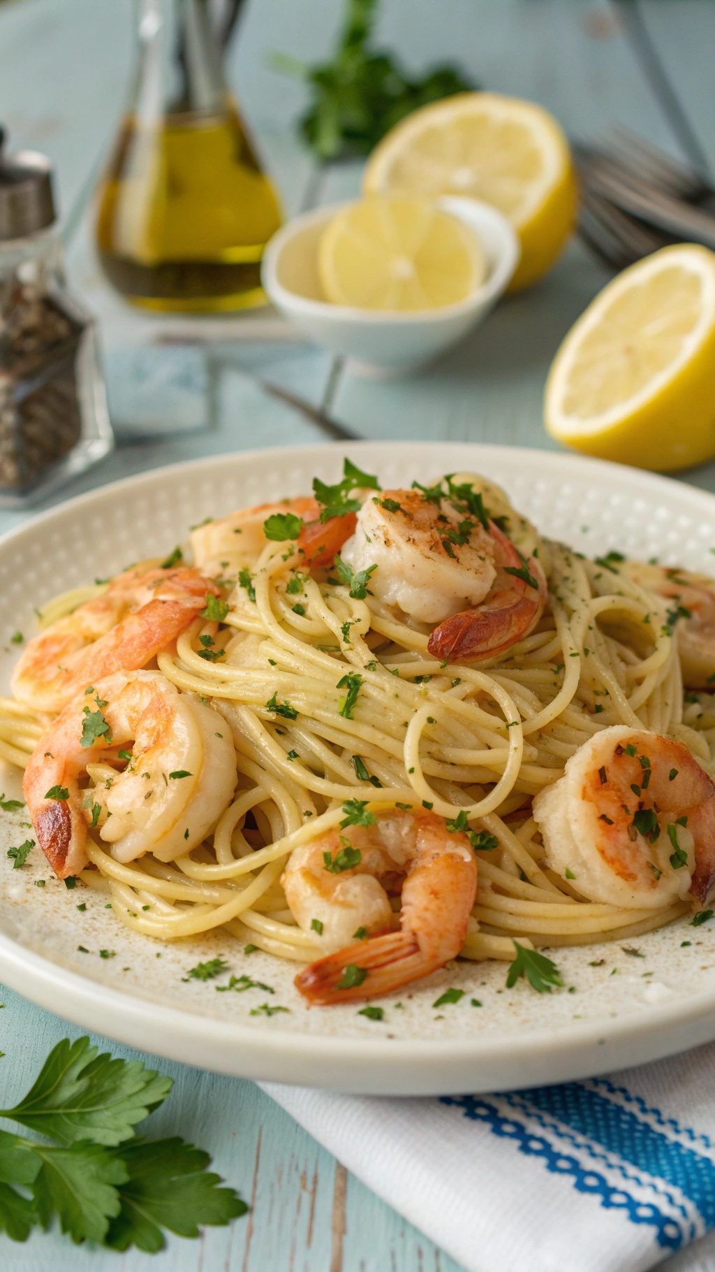 A plate of spaghetti with shrimp scampi garnished with parsley and lemon slices.
