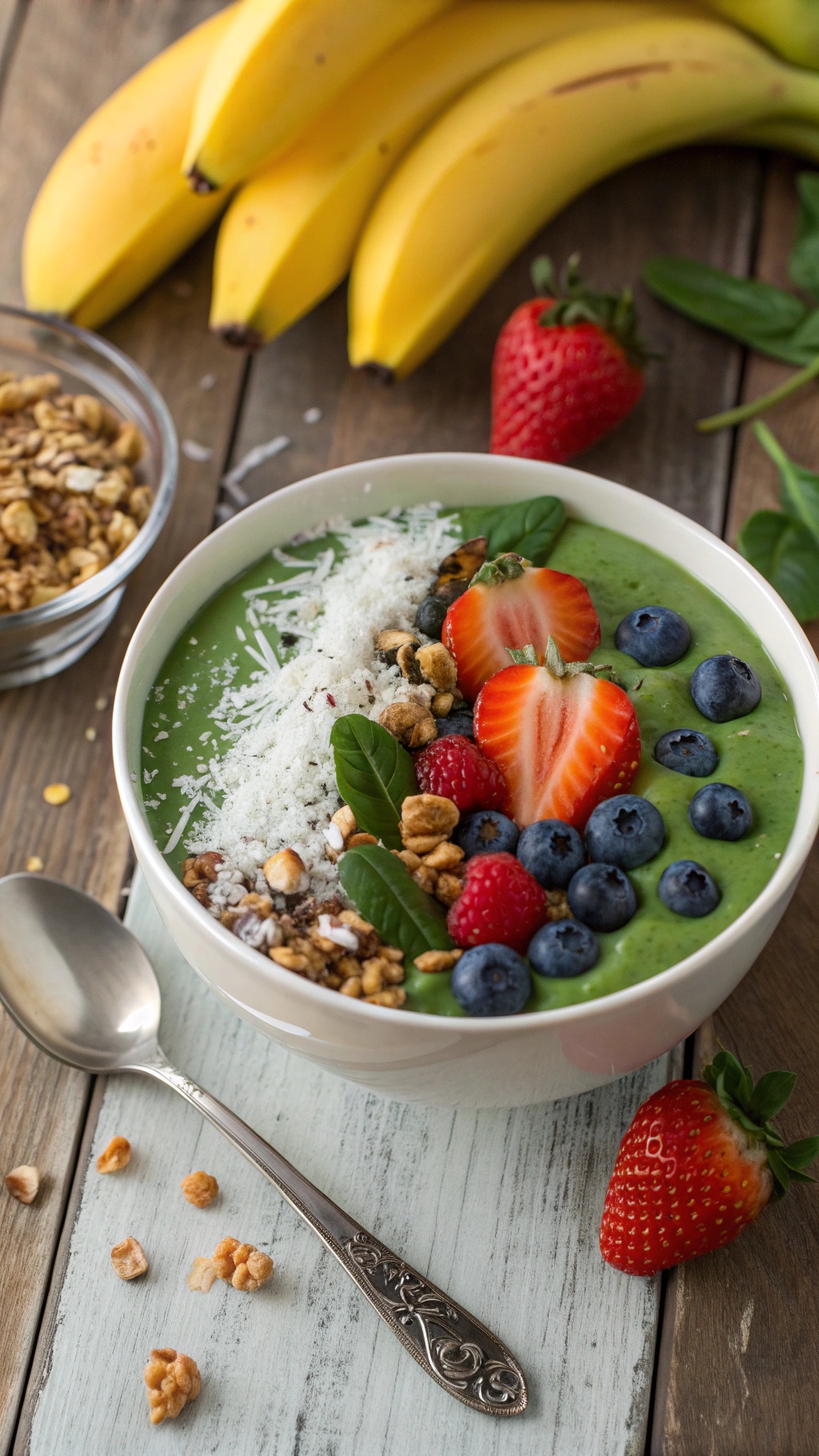 A vibrant green smoothie bowl topped with strawberries, blueberries, granola, and coconut, with bananas in the background.