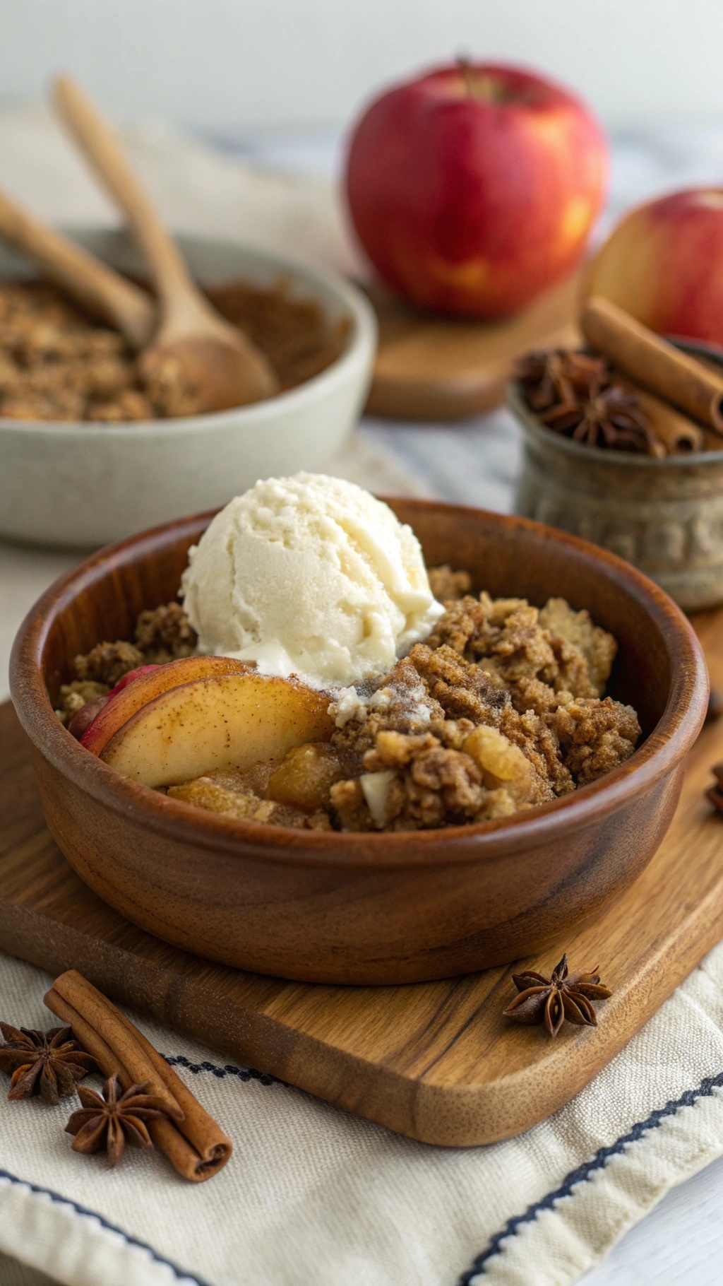 A bowl of spiced apple crisp topped with vanilla ice cream, surrounded by fresh apples and cinnamon sticks.