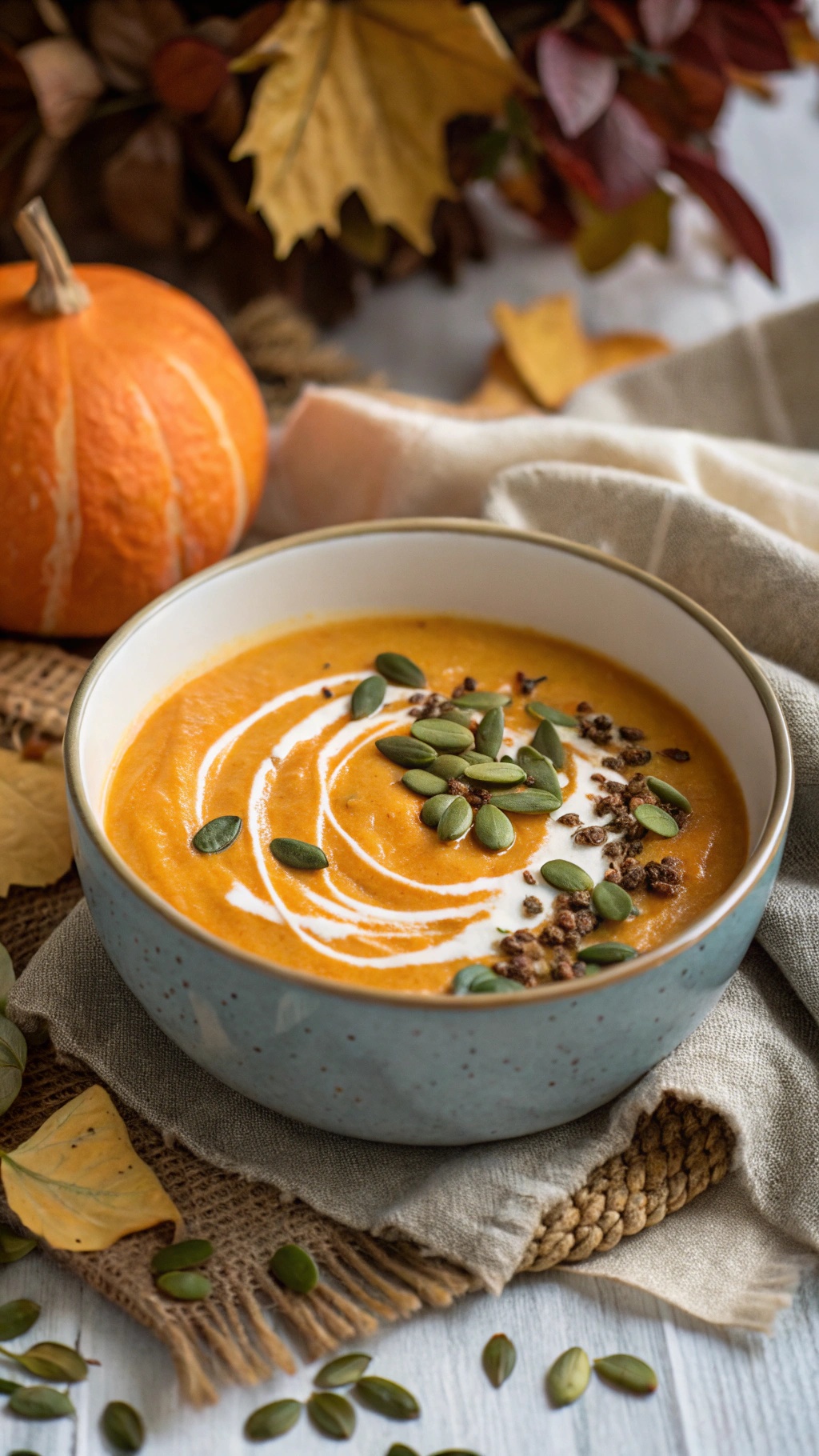 A bowl of spiced butternut squash soup garnished with cream and pumpkin seeds, with a pumpkin and autumn leaves in the background.