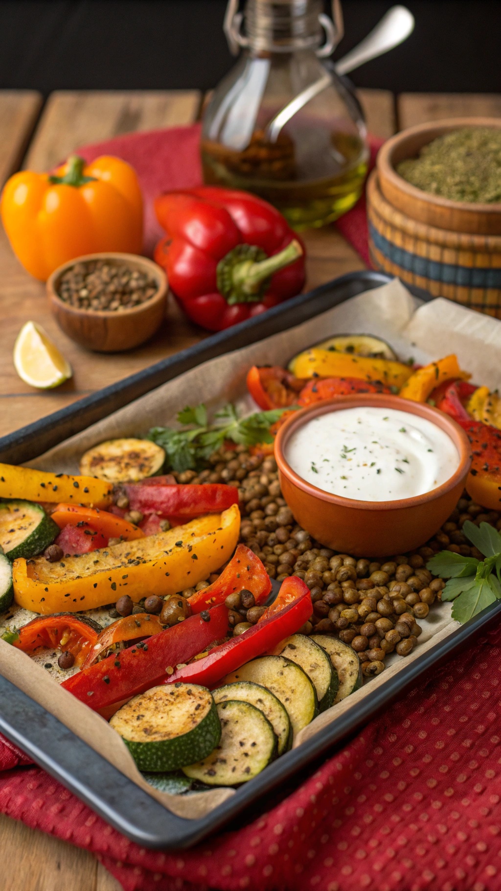 A colorful sheet pan filled with roasted vegetables and lentils, served with a yogurt dip.