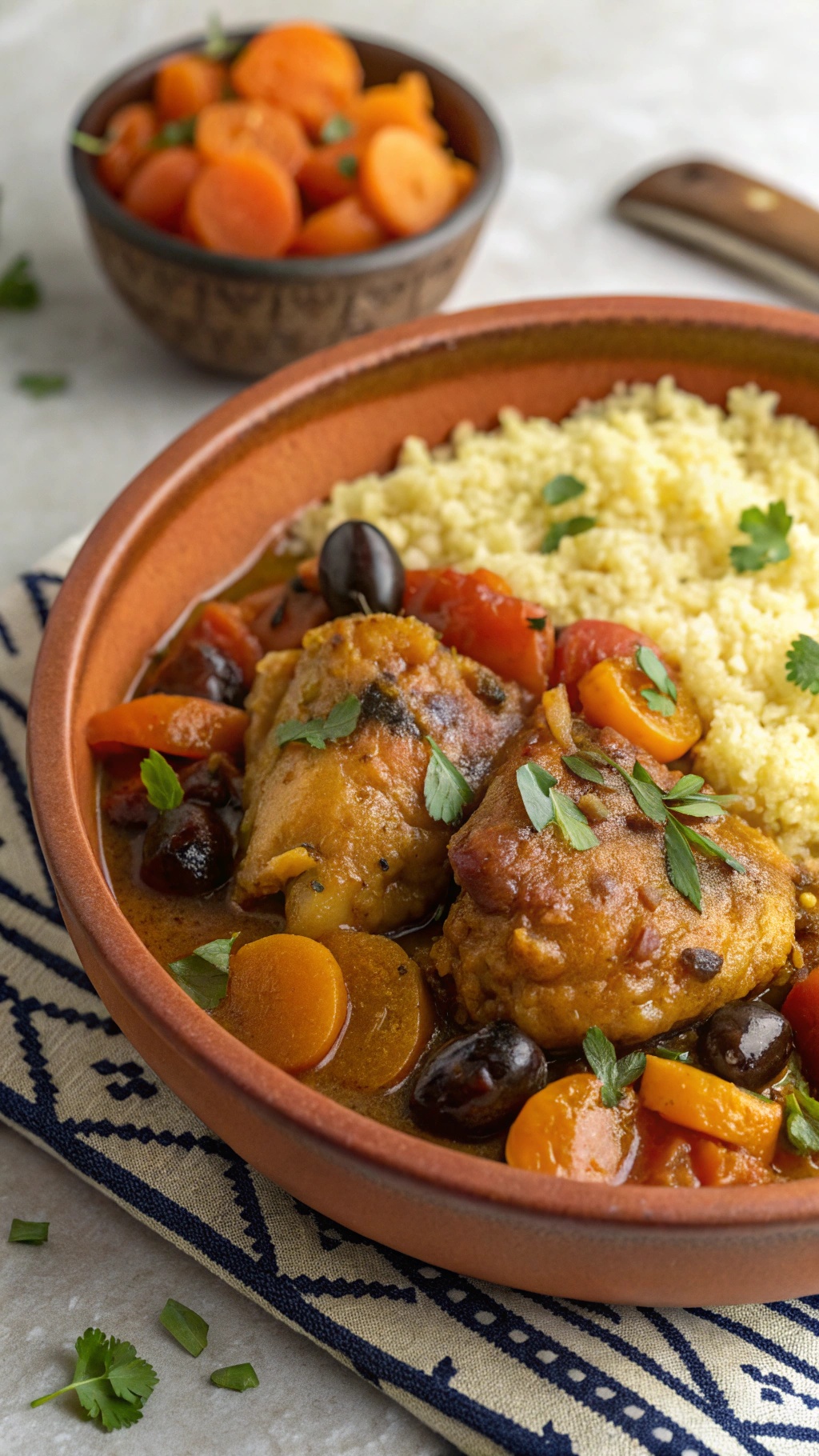 A bowl of spiced Moroccan chicken stew with couscous and carrots