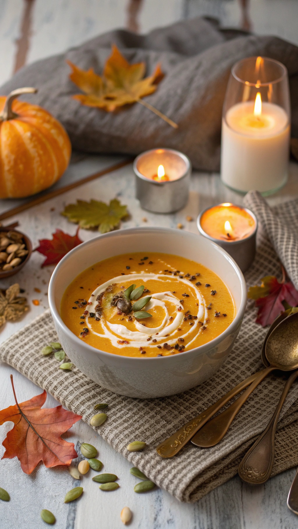 A bowl of spiced pumpkin soup with coconut milk, garnished with pumpkin seeds and coconut cream, surrounded by autumn leaves and candles.