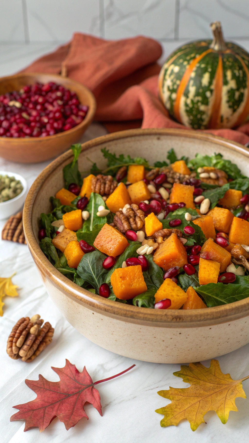A bowl of spiced roasted butternut squash salad with greens, pomegranate seeds, and nuts, surrounded by fall leaves and decorative gourds.