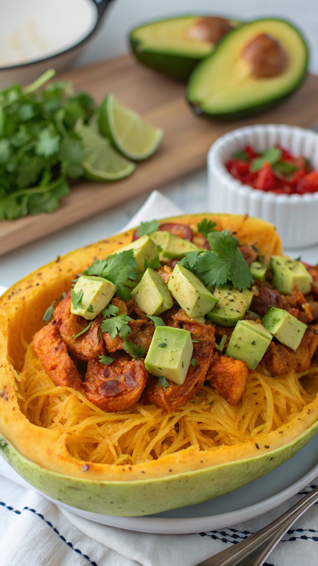 A bowl of spaghetti squash topped with chipotle chicken, diced avocado, and cilantro, with lime wedges on the side.