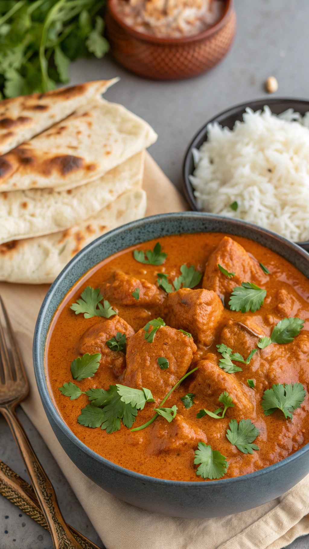 A bowl of Chicken Tikka Masala garnished with cilantro, served with naan and rice.