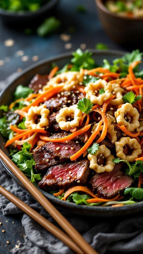 A vibrant Spicy Asian Steak Salad with sesame dressing, featuring grilled steak, shredded carrots, and crispy noodles.
