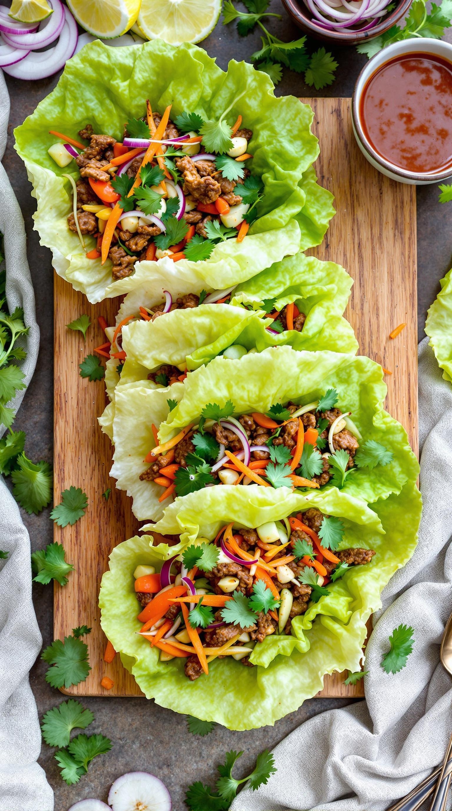 Spicy beef lettuce wraps with colorful vegetables in lettuce leaves