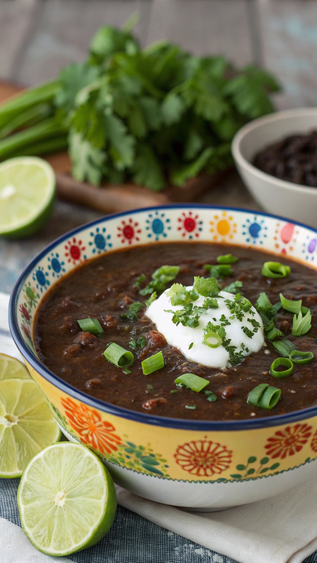 A bowl of spicy black bean soup topped with sour cream, cilantro, and green onions, with lime wedges on the side.