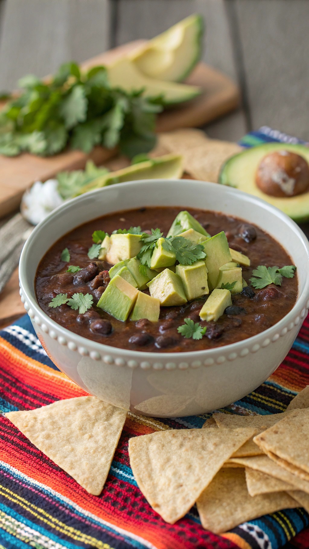A bowl of spicy black bean soup topped with avocado and cilantro, served with tortilla chips.