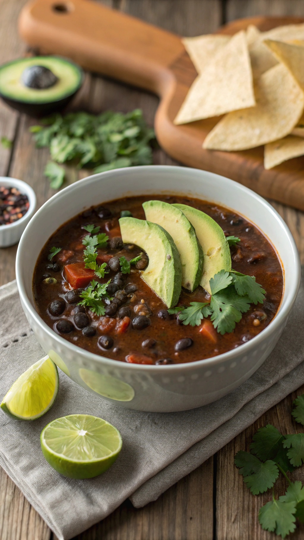 A bowl of spicy black bean soup topped with avocado slices and cilantro, served with lime and tortilla chips.