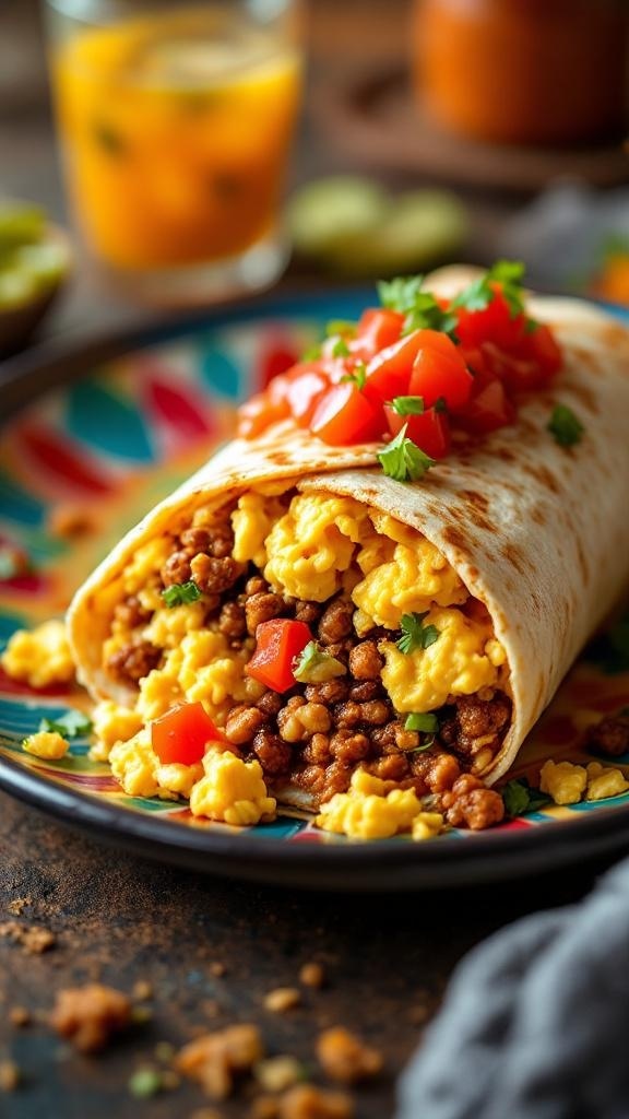 A spicy breakfast burrito filled with chorizo and scrambled eggs, topped with fresh salsa and cilantro, served on a colorful plate.