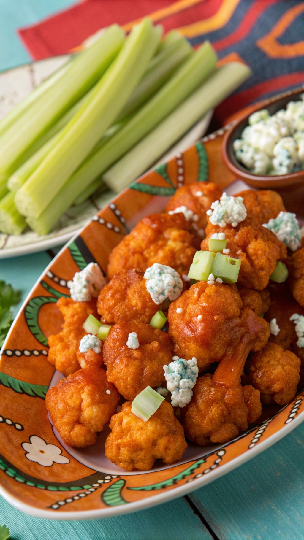 Spicy buffalo cauliflower bites served with celery sticks and blue cheese crumbles