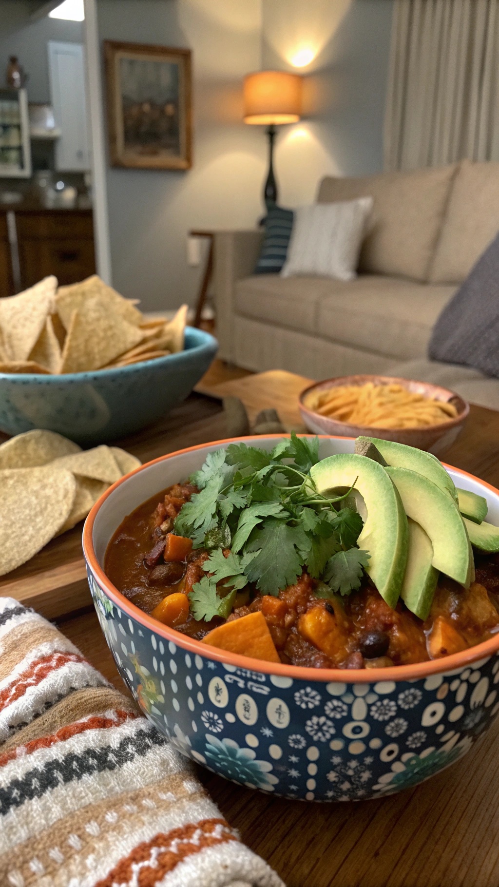 A bowl of spicy butternut squash chili topped with cilantro and avocado, with tortilla chips in the background.