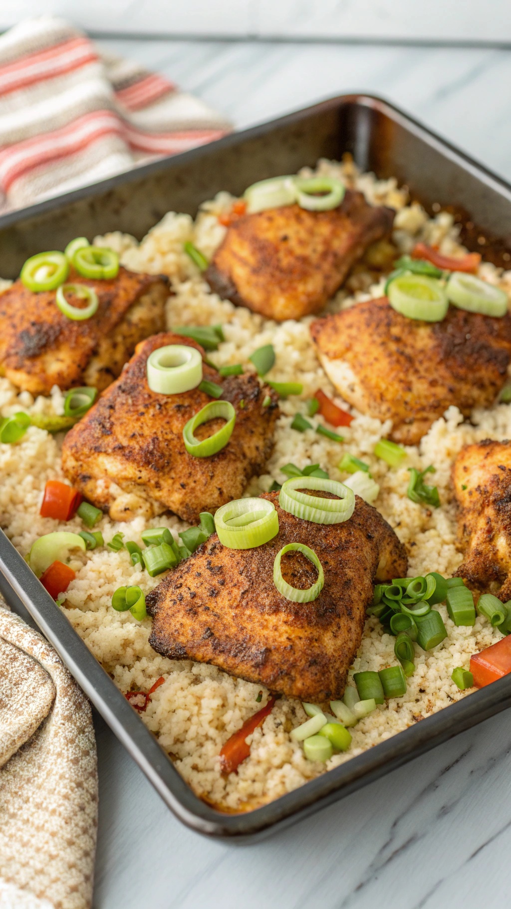 A sheet pan dinner featuring spicy Cajun chicken thighs on a bed of cauliflower rice, garnished with green onions and red bell peppers.