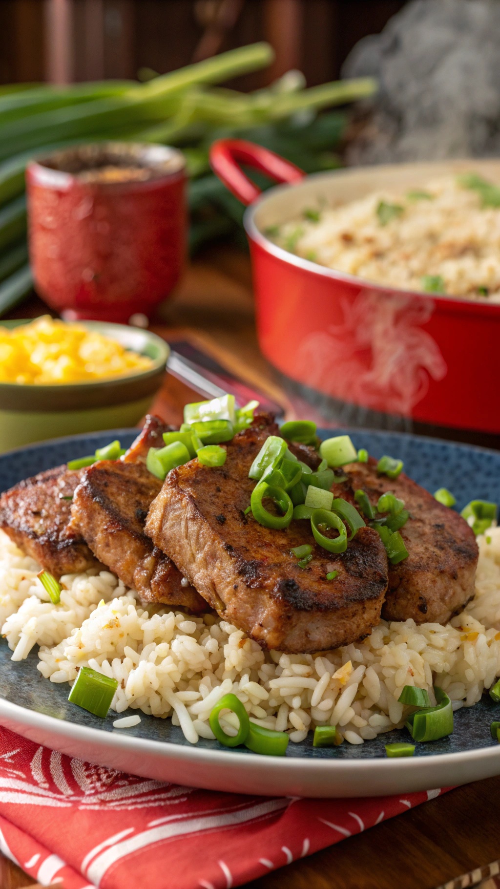 Spicy Cajun pork chops served on a plate with rice pilaf and garnished with green onions