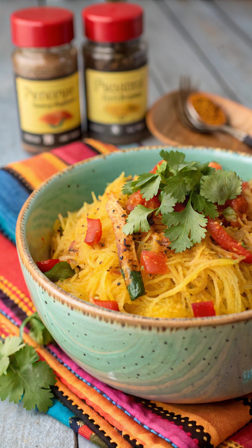 A bowl of spicy Cajun spaghetti squash topped with cilantro and diced peppers, with seasoning jars in the background.