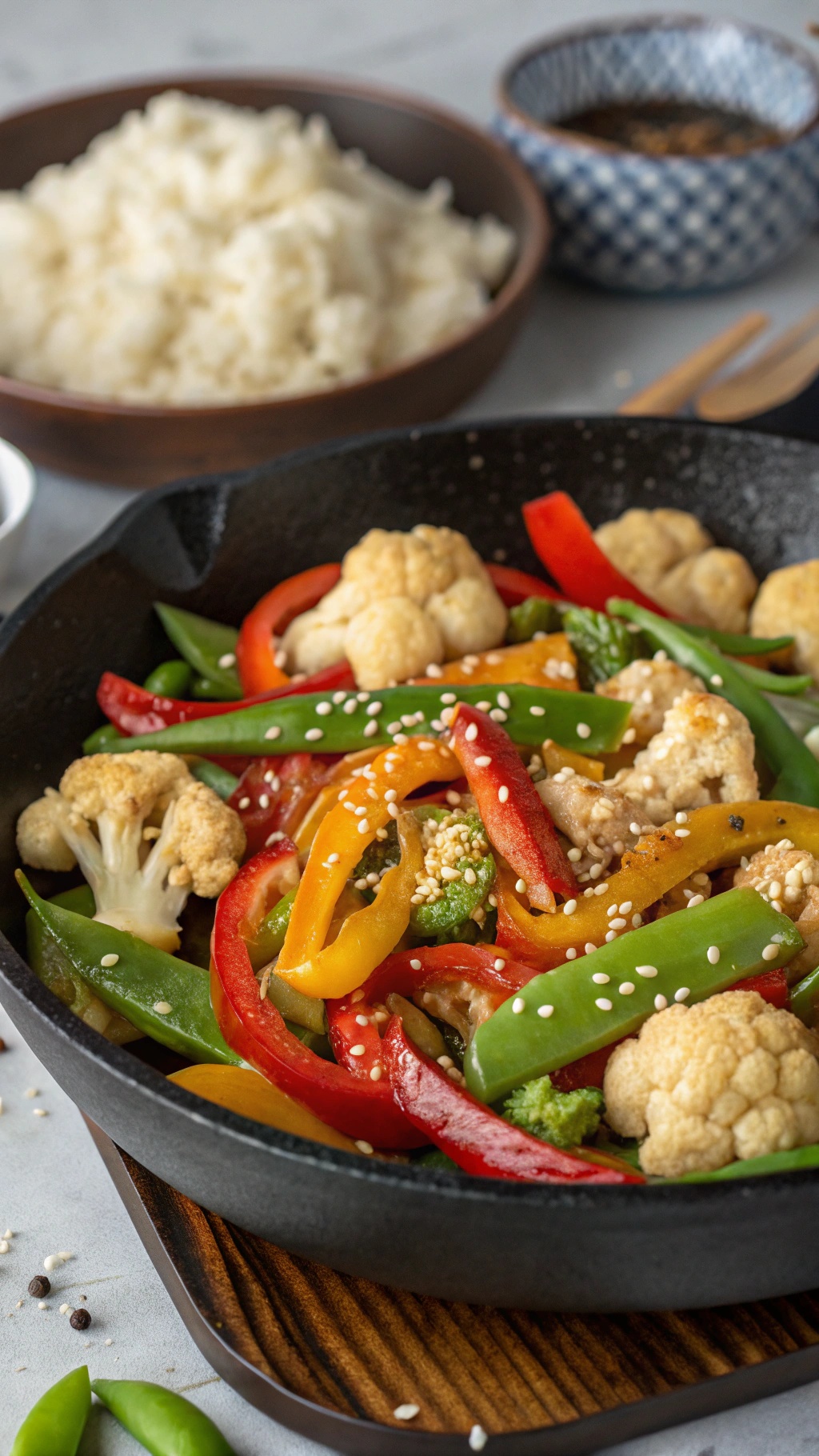 A colorful spicy cauliflower stir-fry with bell peppers and snow peas in a skillet.