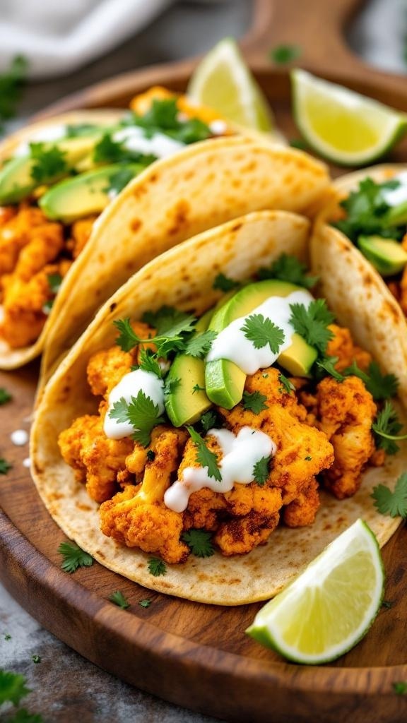 Spicy cauliflower tacos with avocado, garnished with cilantro and lime on a wooden platter.