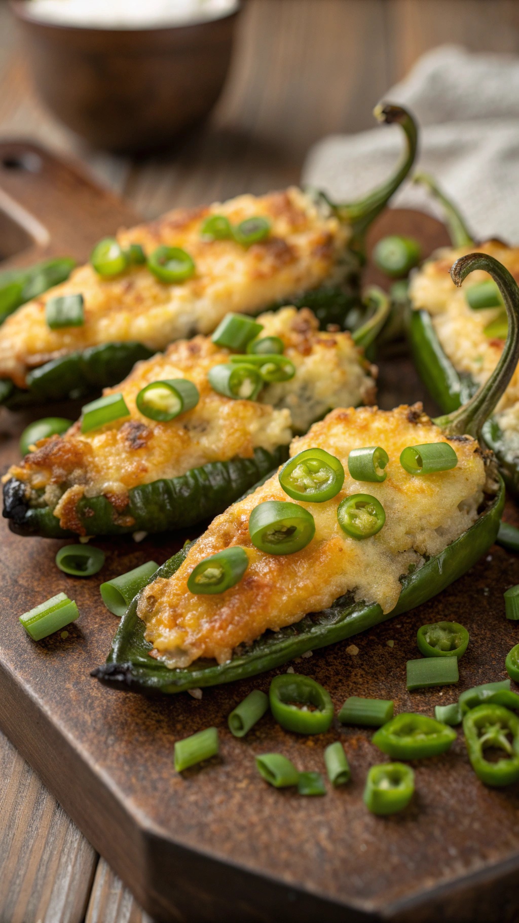 Baked spicy cheese-stuffed jalapeños topped with green onions on a wooden platter.