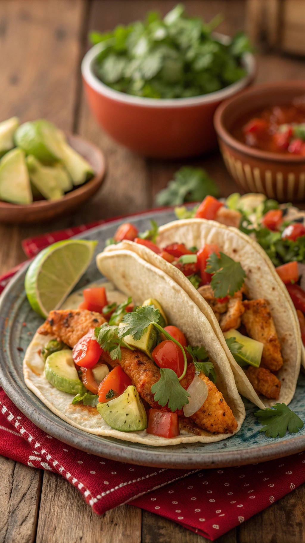 Spicy chicken tacos with avocado salsa, tomatoes, and lime wedges on a plate.