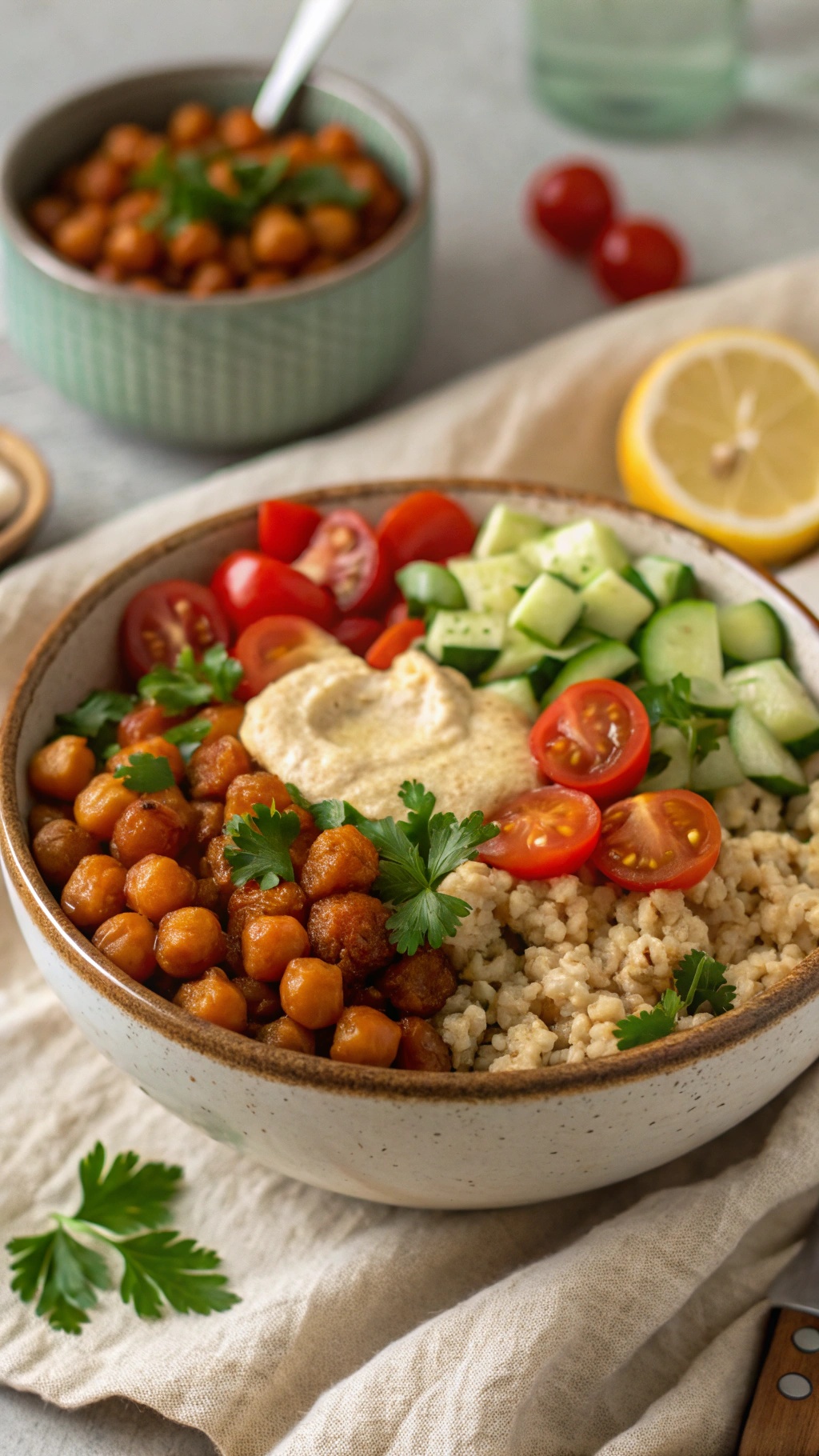 A colorful bowl of spicy chickpeas, brown rice, cherry tomatoes, cucumbers, and tahini sauce.