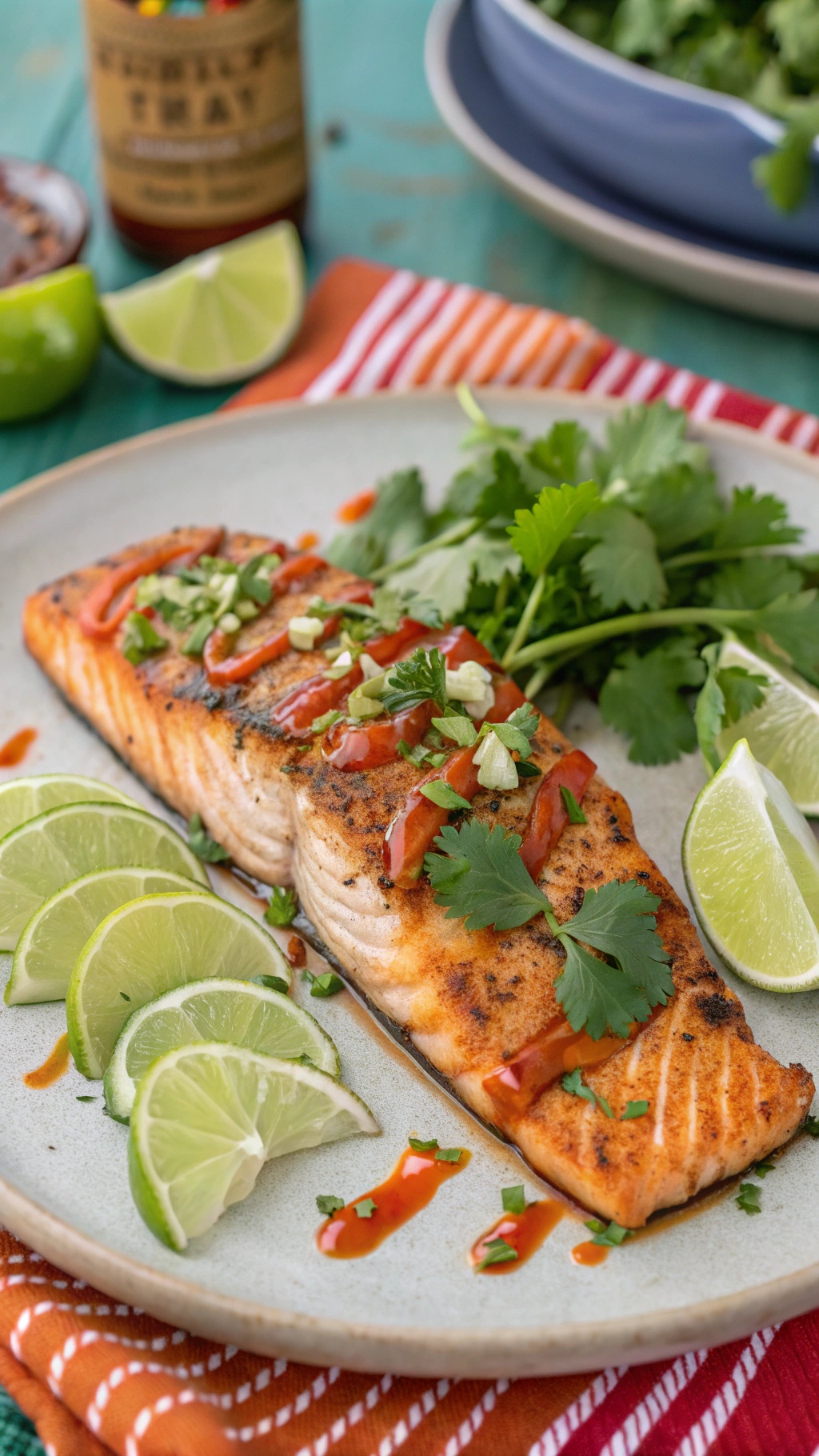 Grilled salmon fillet garnished with cilantro and lime, served with chili sauce and lime wedges.