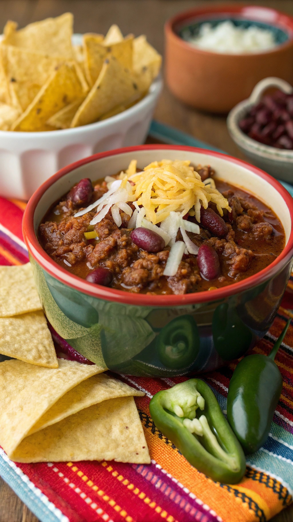 A bowl of spicy chili topped with cheese and onions, served with tortilla chips on a colorful tablecloth.
