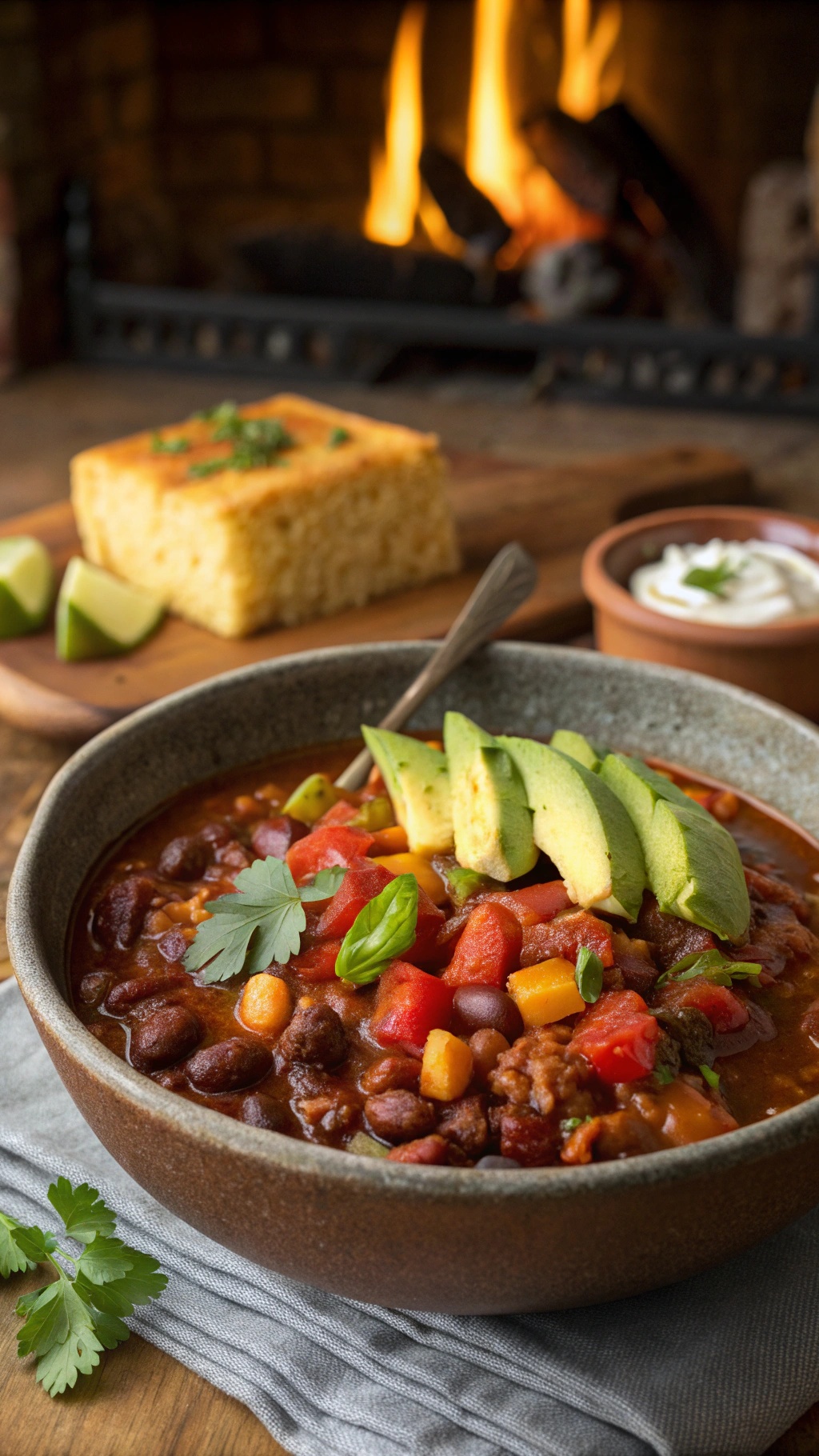 A bowl of spicy chili with beans, topped with avocado slices, served with cornbread and lime wedges.