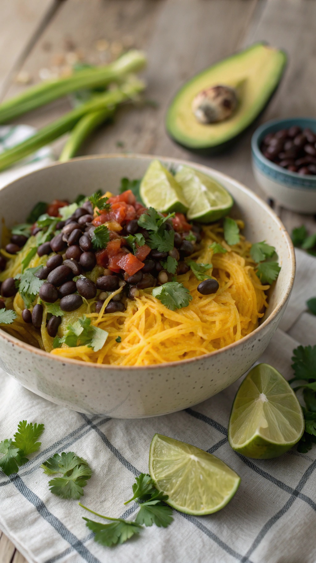 A bowl of spicy chipotle and black bean spaghetti squash topped with cilantro, salsa, and lime wedges.