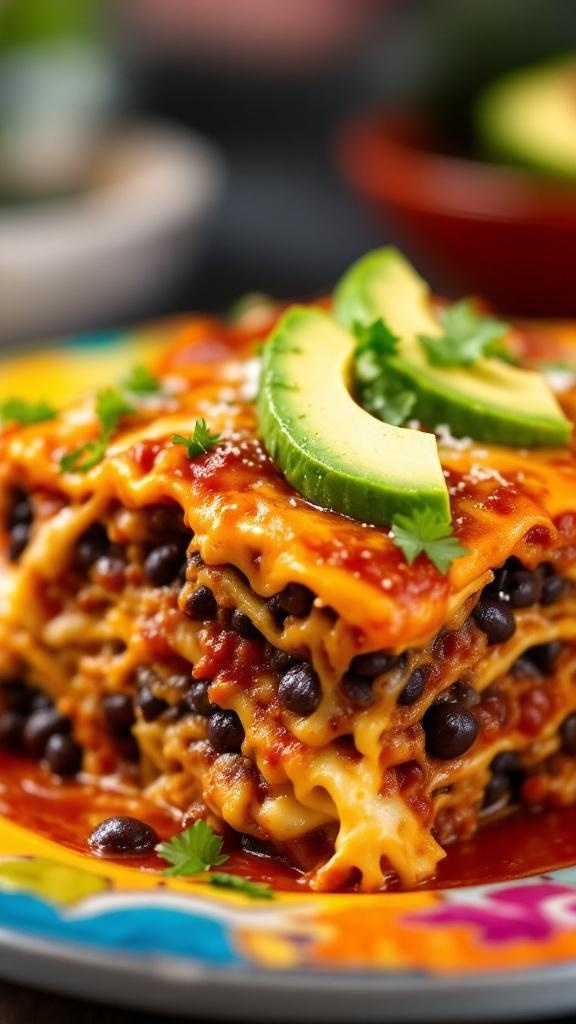 A colorful plate of spicy chipotle black bean lasagna topped with avocado slices and cilantro.