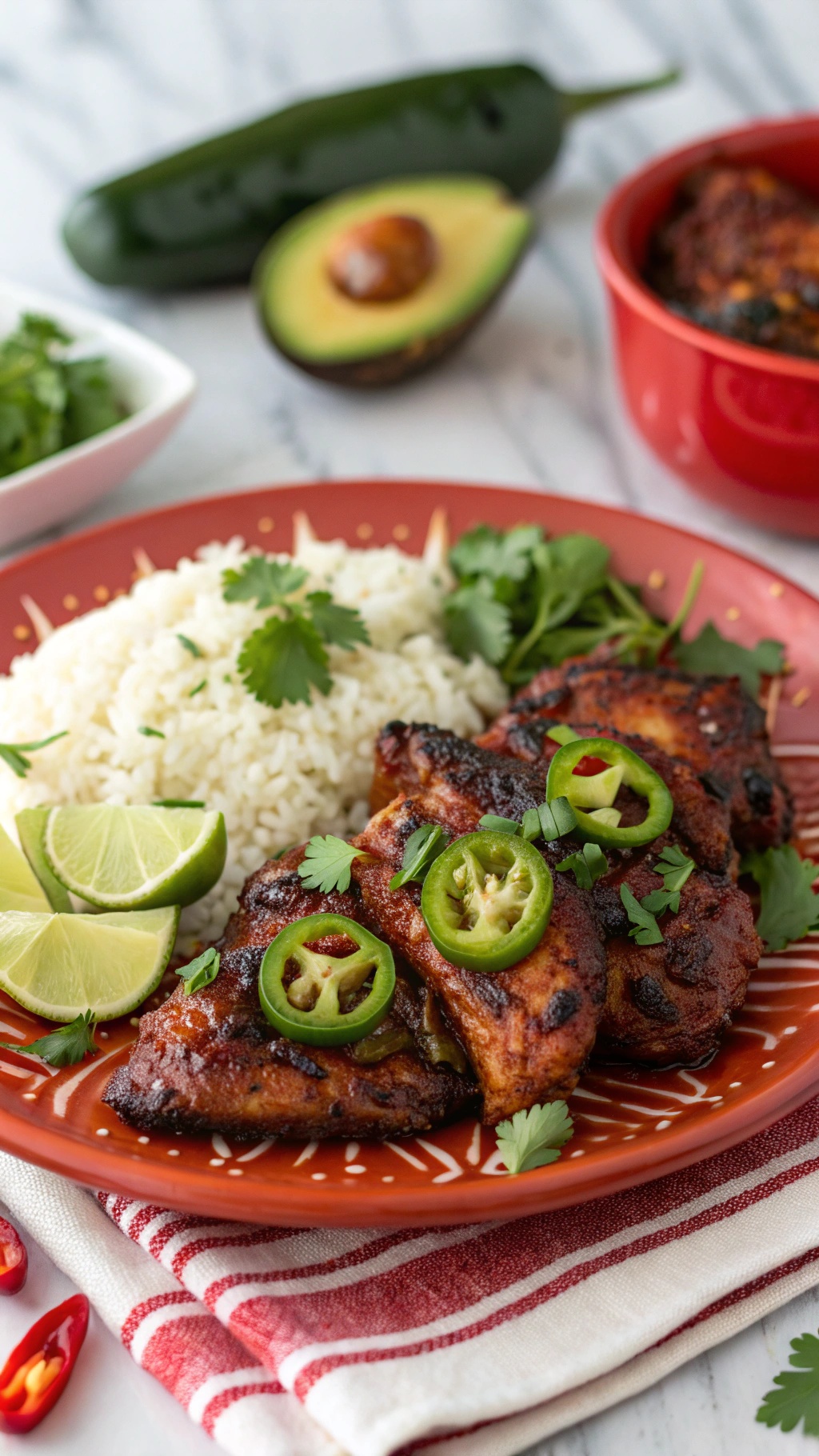 A plate of spicy chipotle chicken served with rice, garnished with lime, cilantro, and jalapeño slices.
