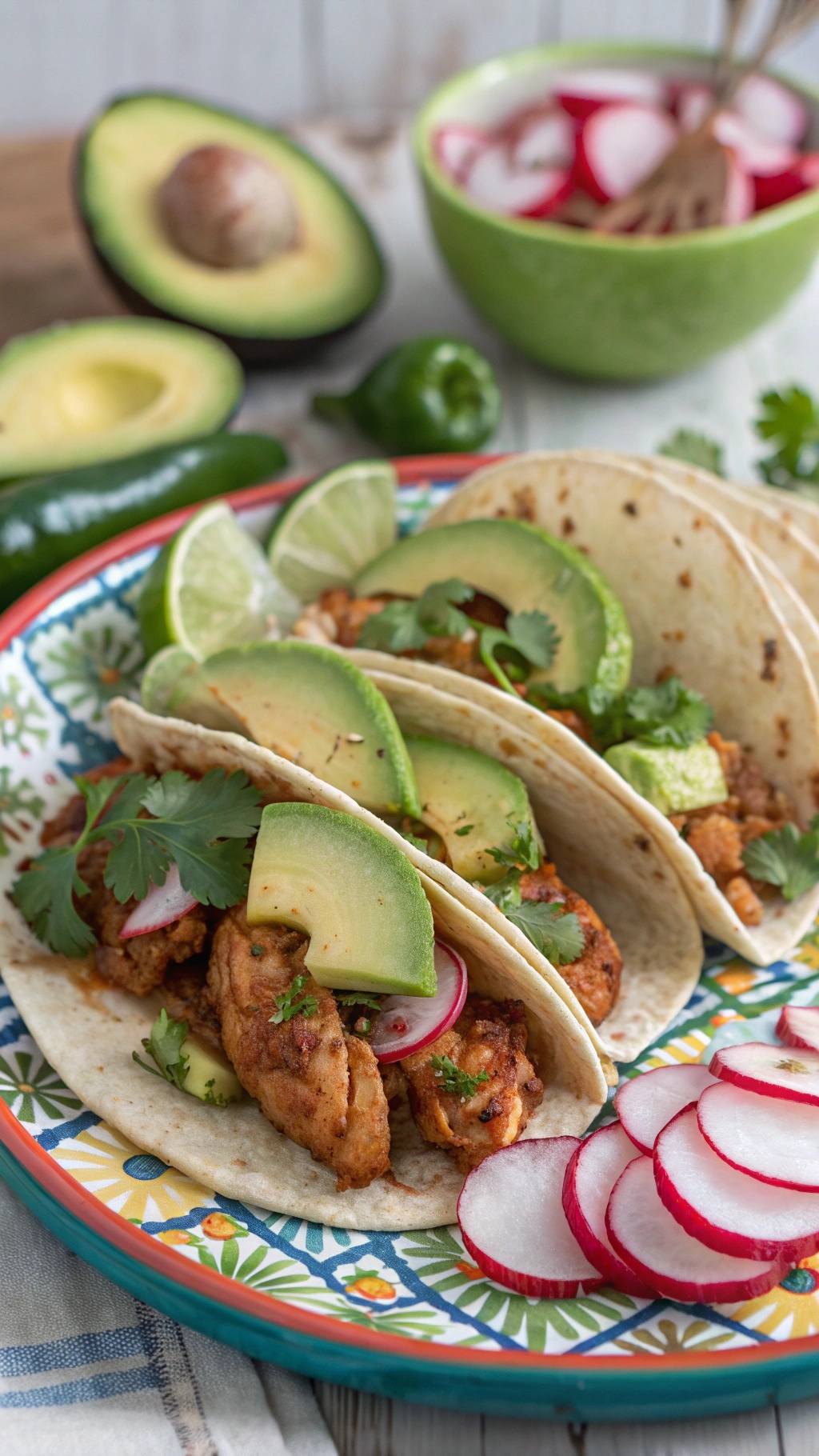 Spicy Chipotle Chicken Tacos with avocado, cilantro, and radishes on a colorful plate