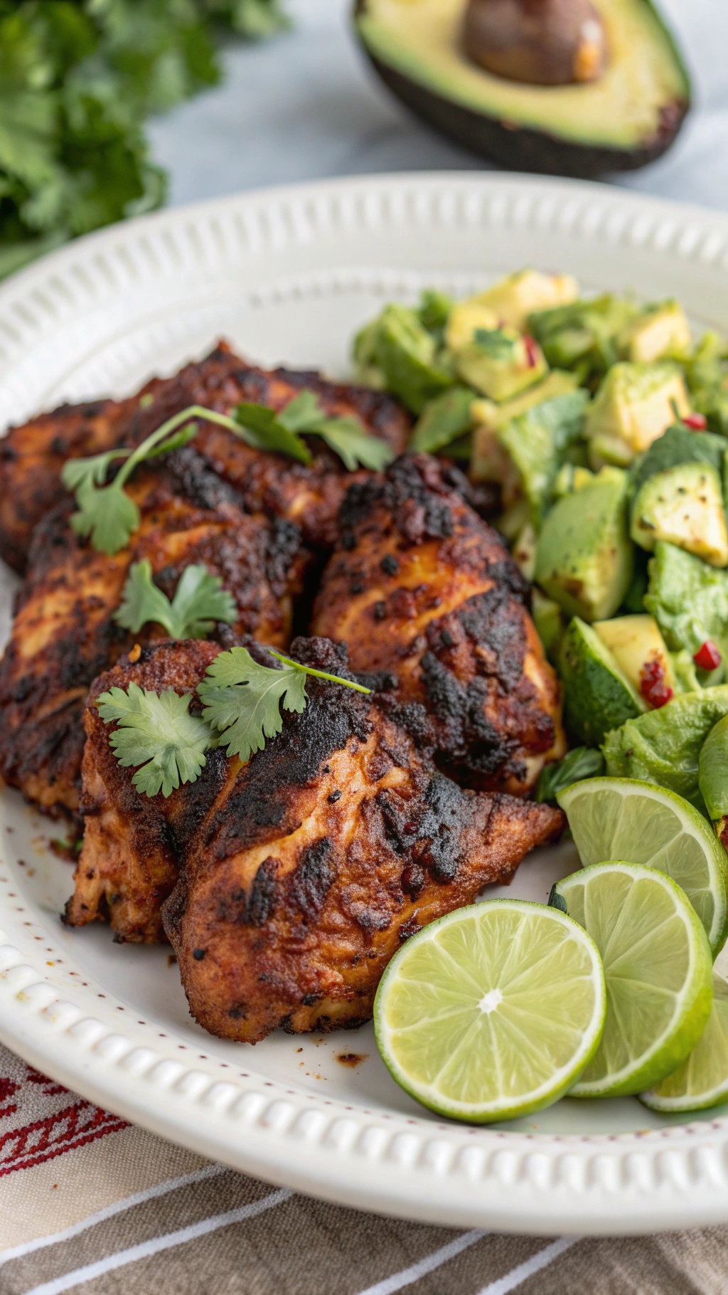 Spicy chipotle chicken thighs served with avocado salad and lime wedges