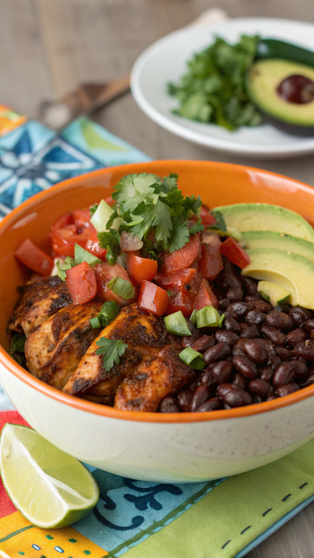 Bowl of Spicy Chipotle Chicken with Black Beans, topped with tomatoes and avocado