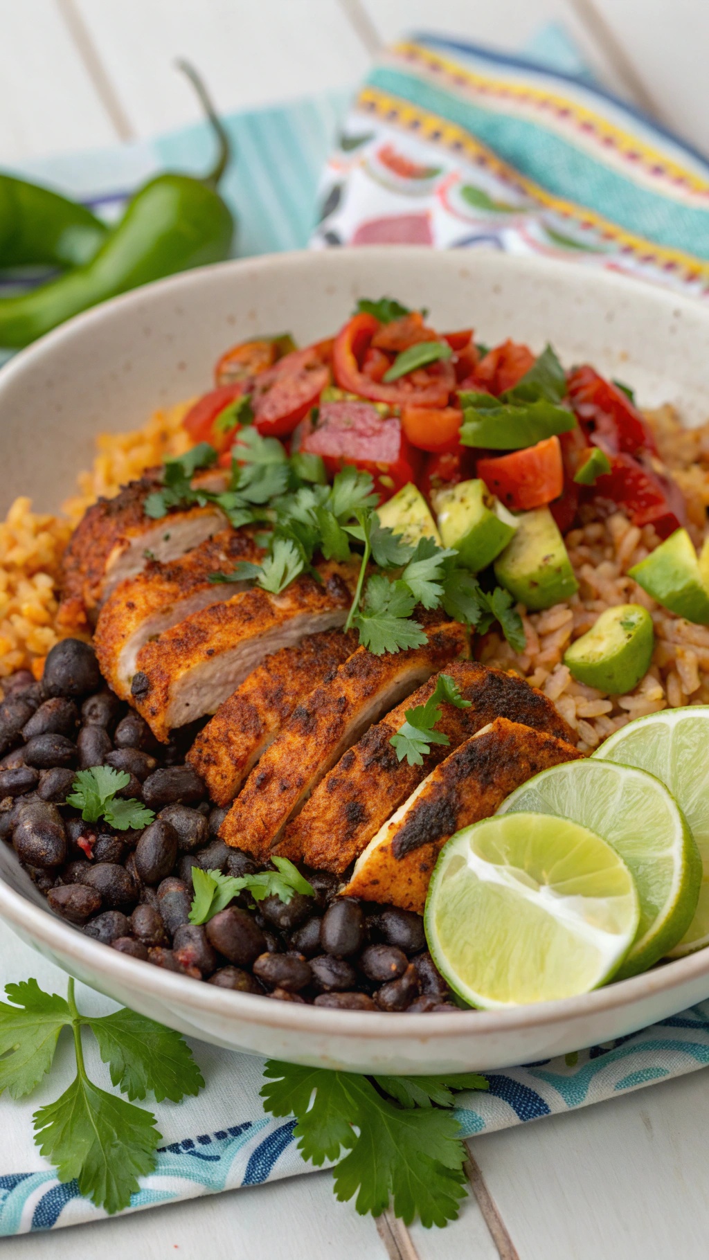 A bowl of spicy chipotle chicken with black beans, garnished with cilantro and lime.