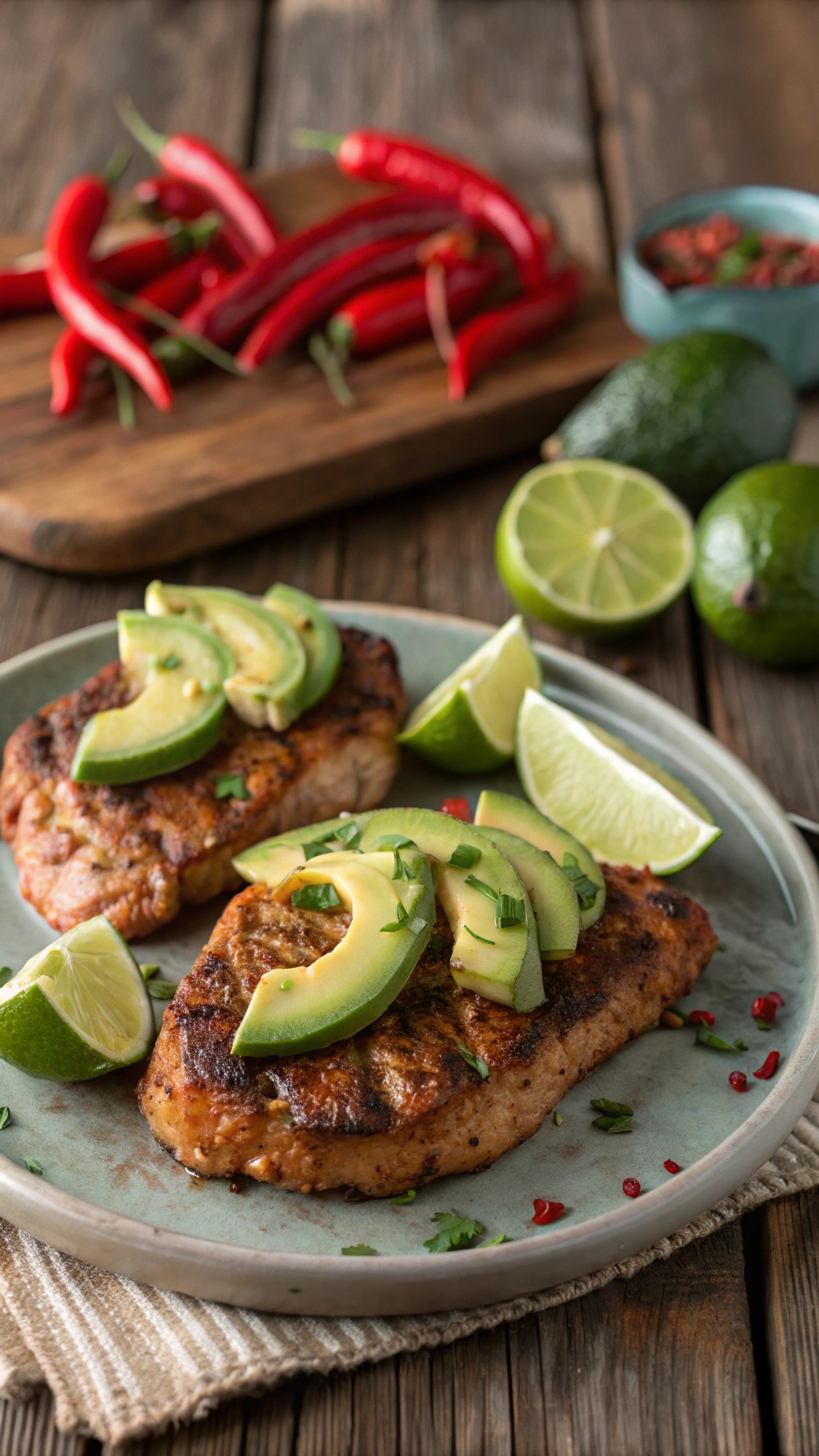 Spicy Chipotle Lime Pork Chops with avocado and lime wedges on a plate