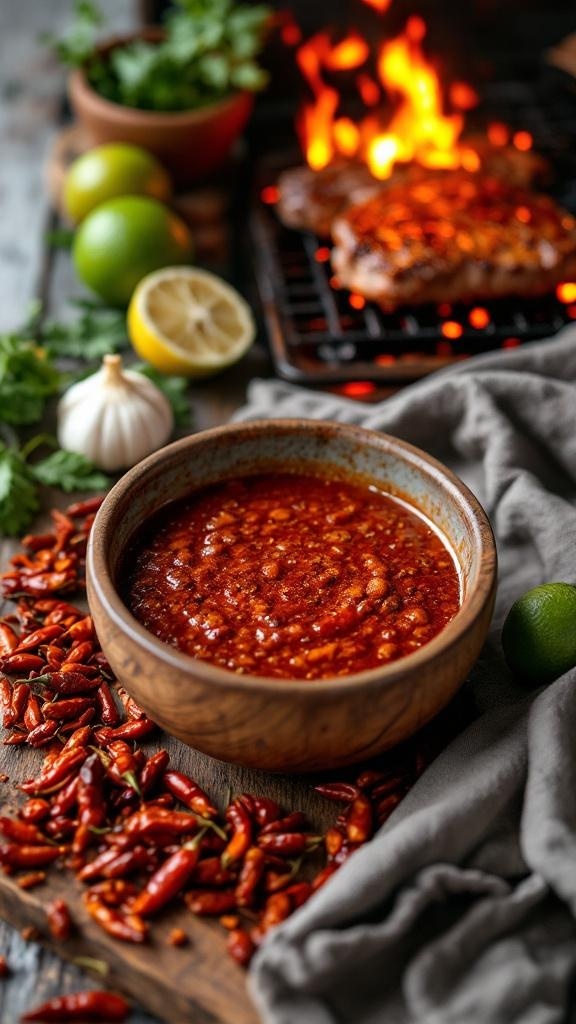 A bowl of spicy chipotle marinade surrounded by dried chilies and fresh limes, with grilled steak in the background.