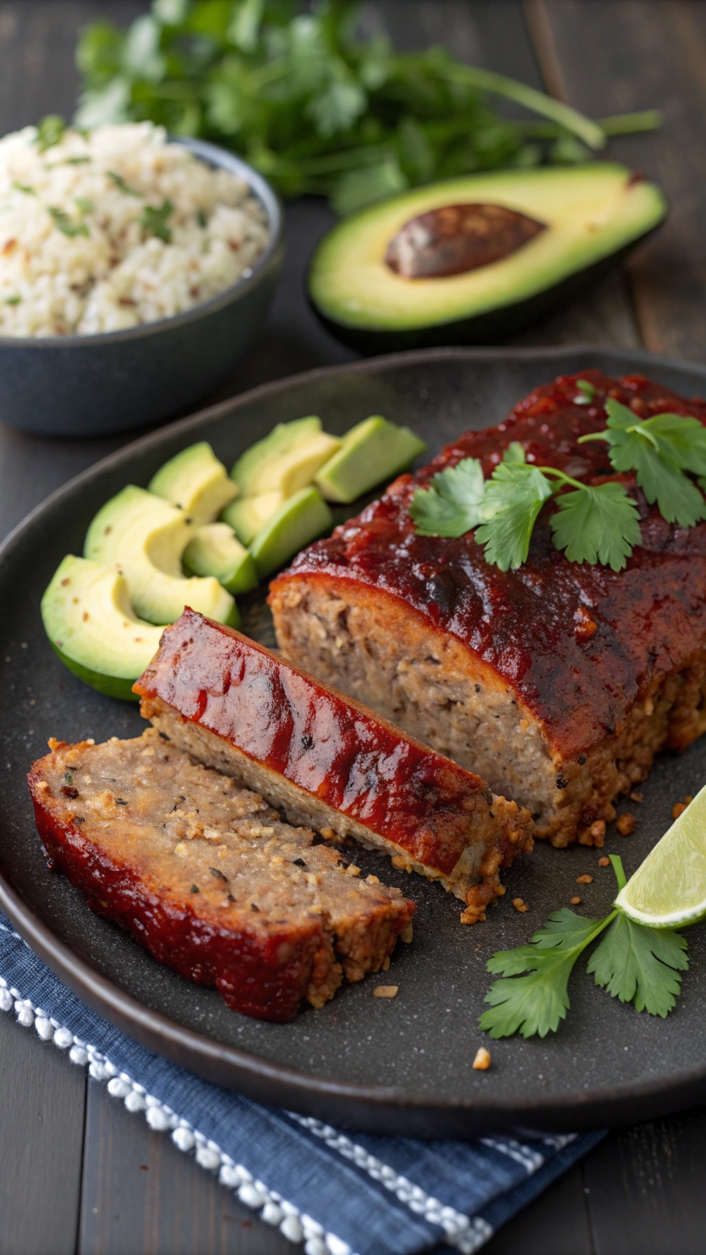 A sliced spicy chipotle meatloaf on a plate, garnished with cilantro, avocado slices, and served with rice.