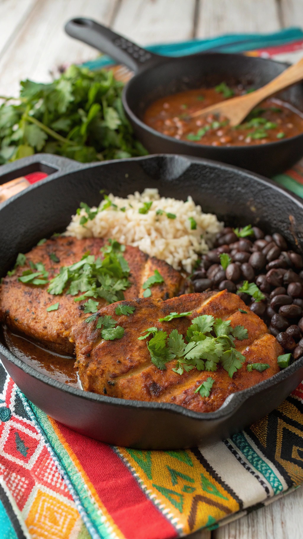 Spicy chipotle pork chops served with rice and black beans, garnished with cilantro.